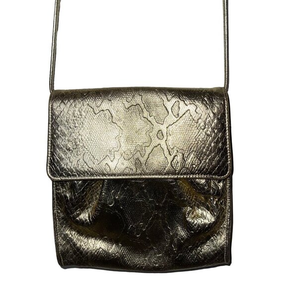 Vintage Womens Crossbody Shoulder Bag One Size Gold Snake Embossed Leather Snap - Picture 9 of 10
